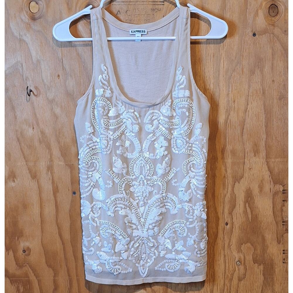 Express Tank Top Women Small Beaded Sequined Floral BohoChic Minimalist Neutral